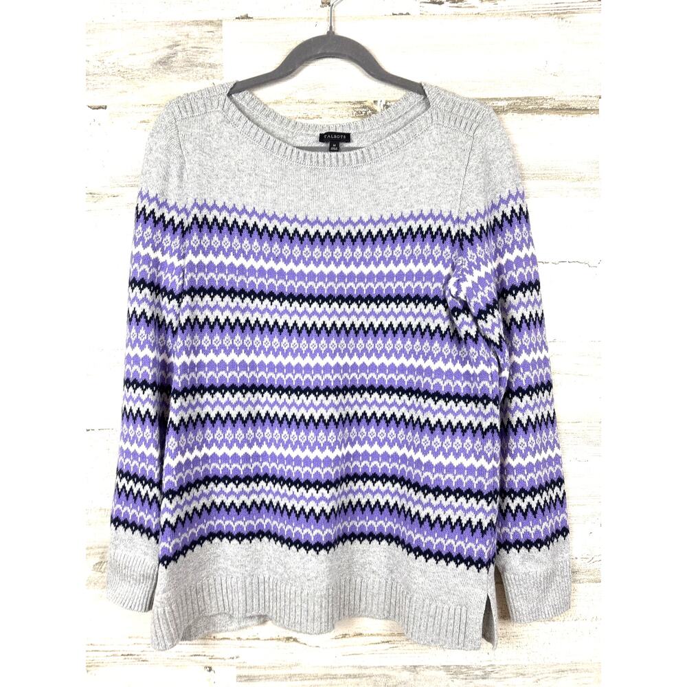 Talbots Womens M Gray Purple Zig-Zag Fair Isle Soft Knit Pullover Sweater NEW